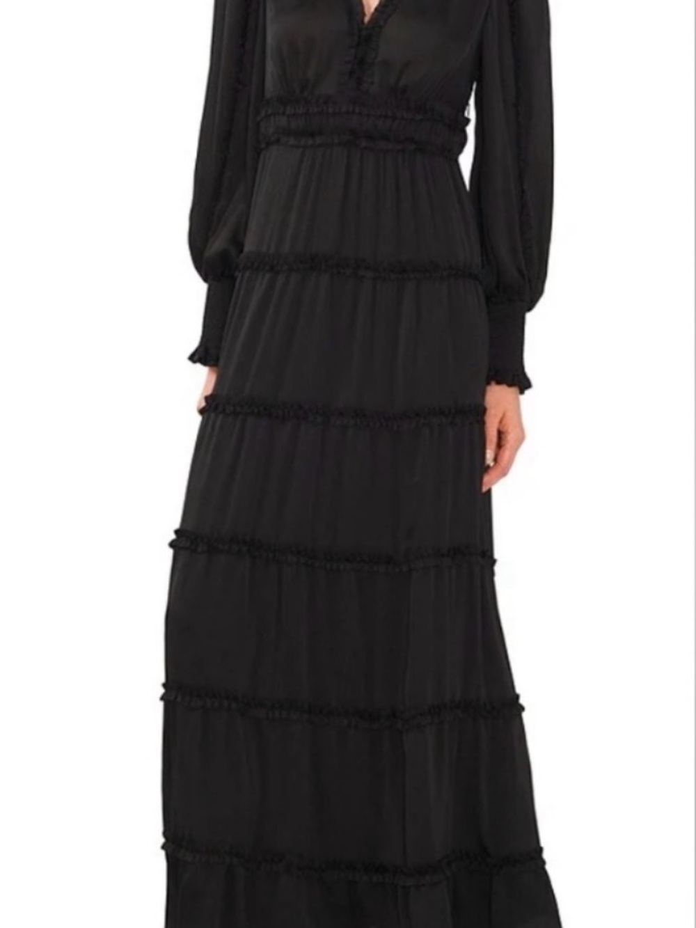 Plisse Satin Ruffle V-Neck Smocked Cuff Sleeve Tiered Maxi Dress - Picture 3 of 9